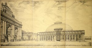 Triumfální oblouk a jedno z půlkruhových kolonádových křídel Palais du Cinquantenaire, Brusel, 1906